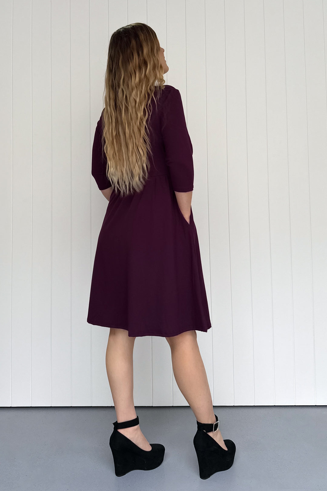 Plum - 3/4 Sleeve - Knee Length Dress - Pockets