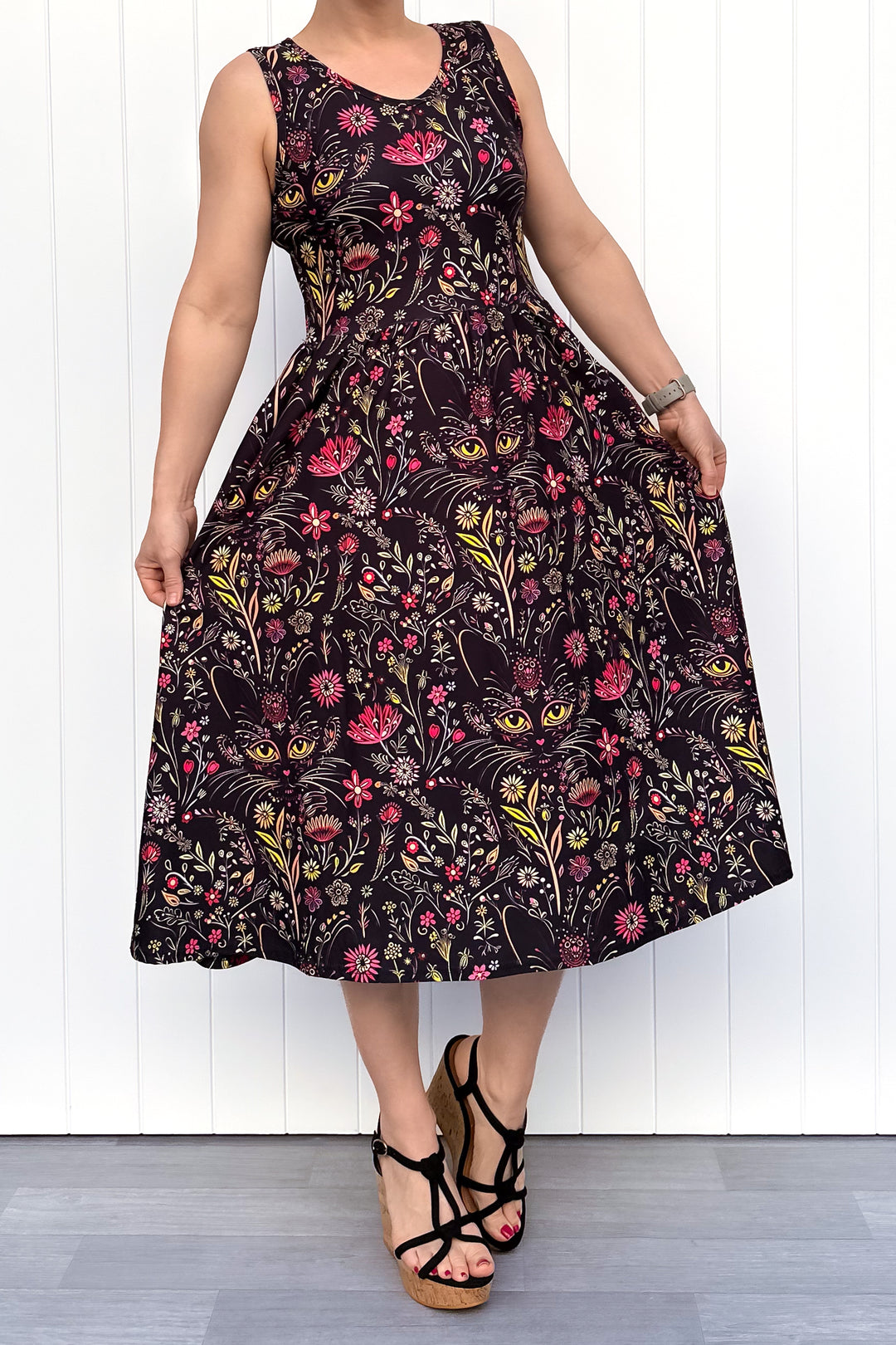 Whiskers & Wildflowers - Sleeveless Midi Dress - Pockets