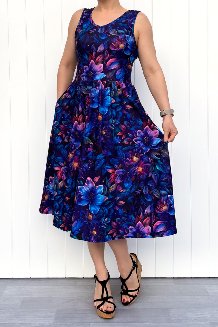 Obsidian Petal - Sleeveless Midi Dress - Pockets