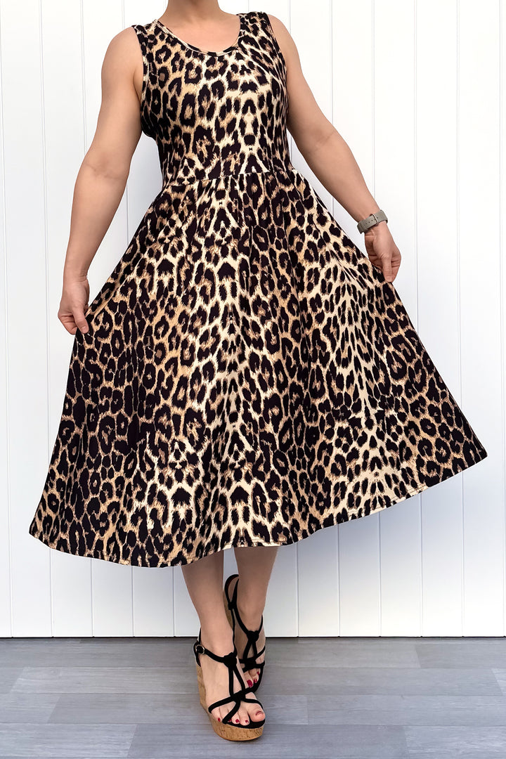 Wild Leopard - Sleeveless Midi Dress - Pockets