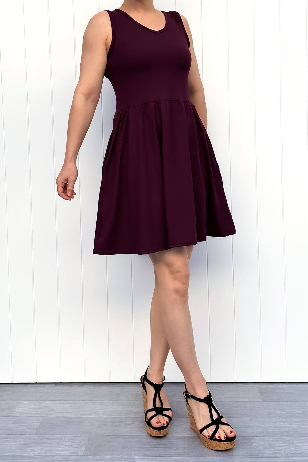 Plum - Sleeveless Mini Dress - Pockets