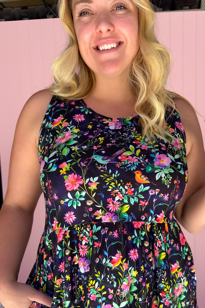 Birds and Blooms - Sleeveless Midi Dress - Pockets