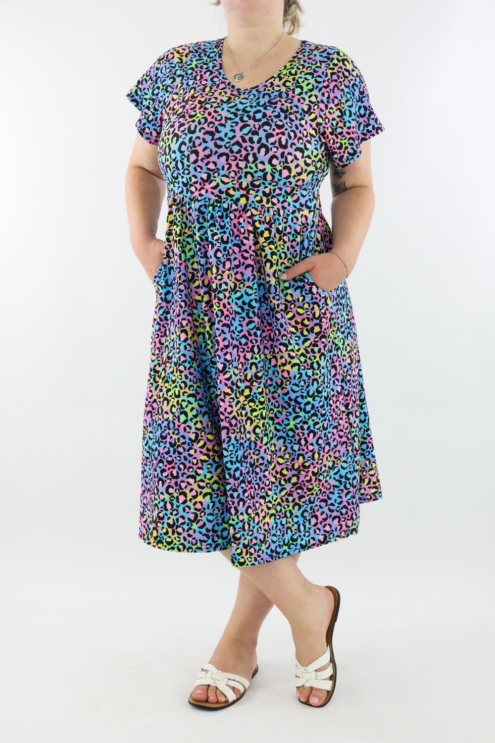 Vivid Leopard - A-Line Dress - Midi Length - Side Pockets - Pawlie