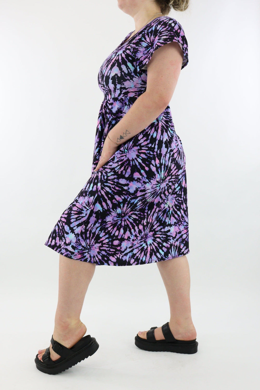 Iridescent Purple Tie Dye - A-Line Dress - Midi Length - Side Pockets - Pawlie