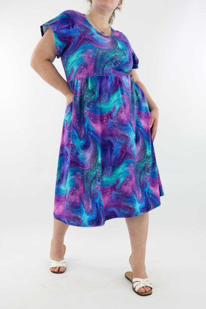 Aurora Sky - A-Line Dress - Midi Length - Side Pockets - Pawlie