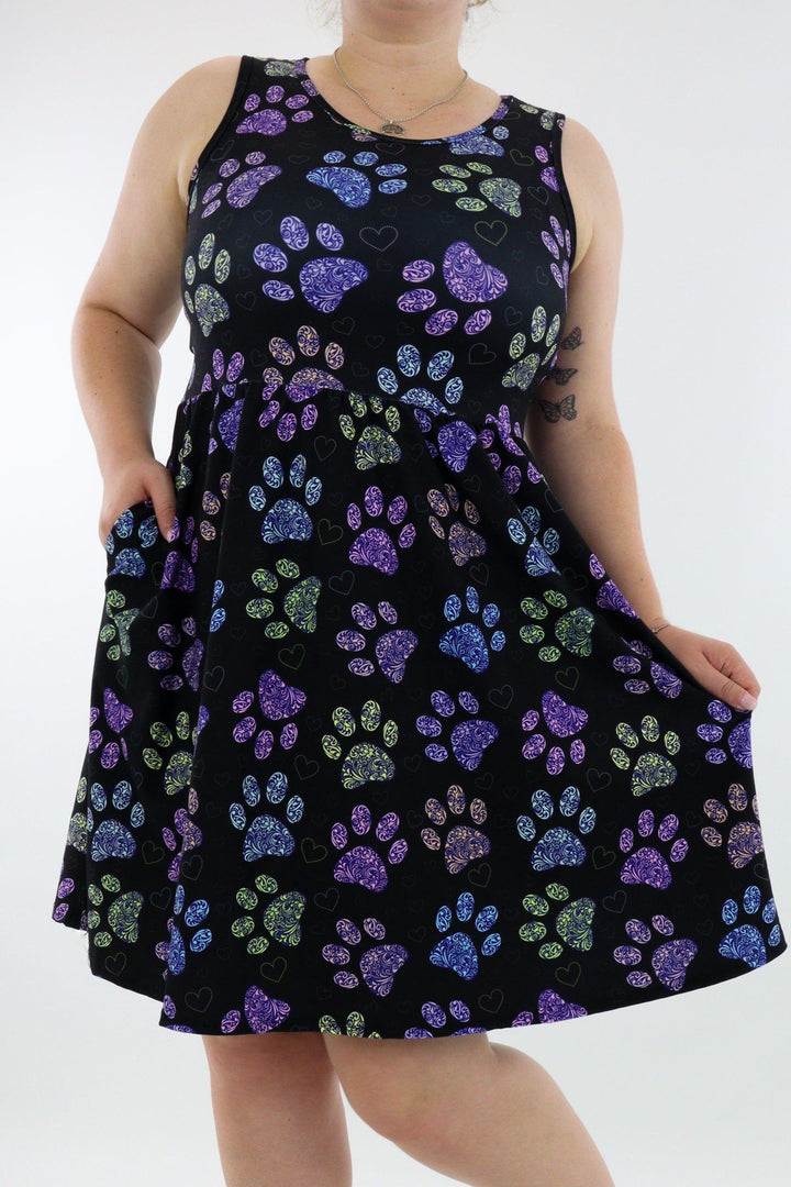 Floral Paws - Sleeveless Skater Dress - Knee Length - Side Pockets - Pawlie