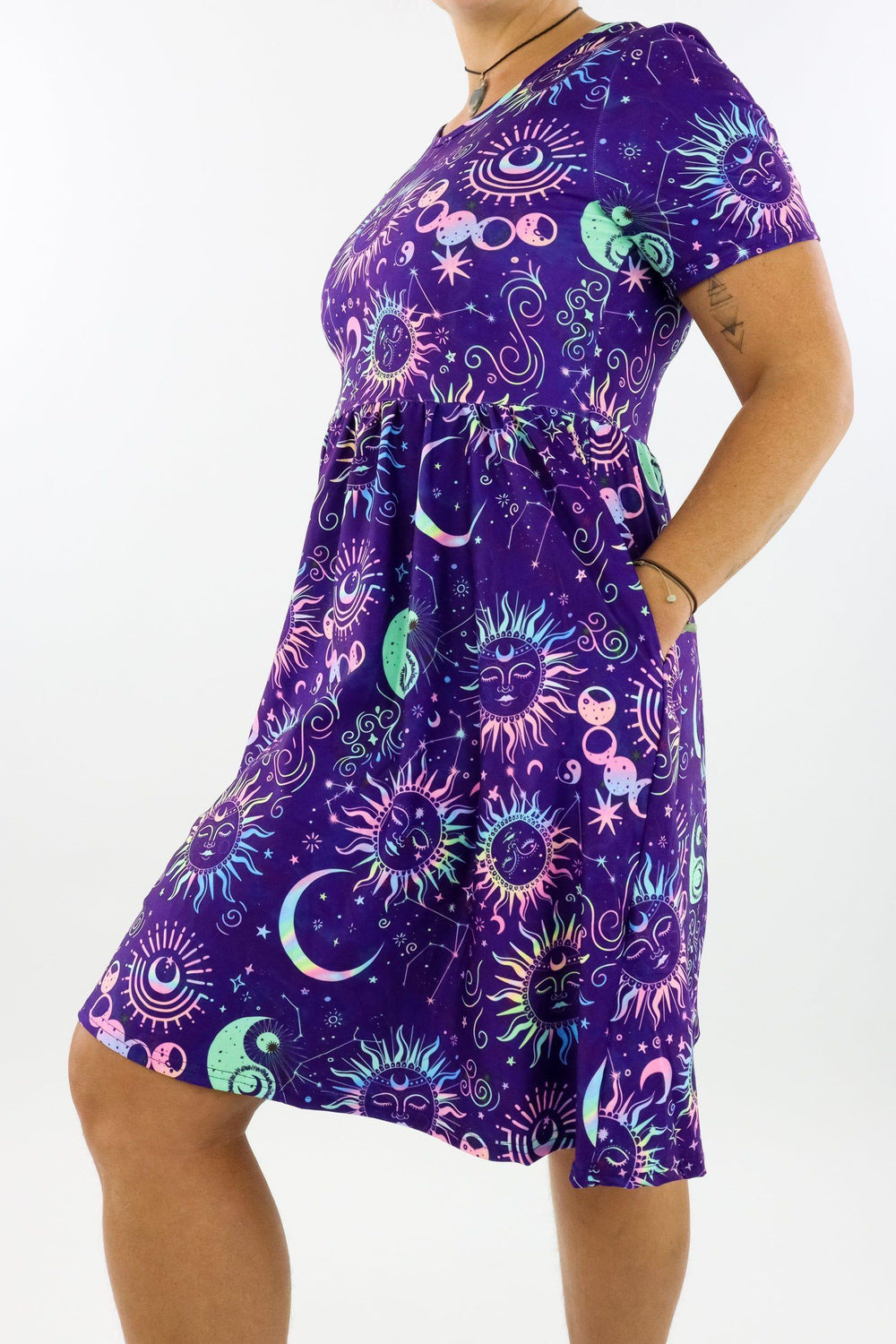 Celestial Soul - Short Sleeve Skater Dress - Knee Length - Side Pockets Knee Length Skater Dress Pawlie   