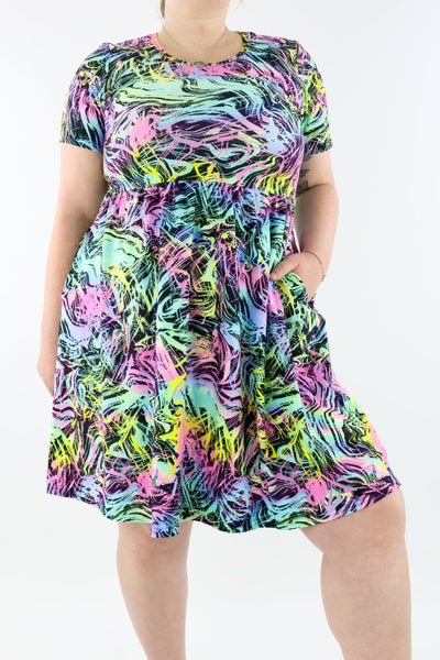 Neon Surge - Short Sleeve Skater Dress - Knee Length - Side Pockets Knee Length Skater Dress Pawlie   