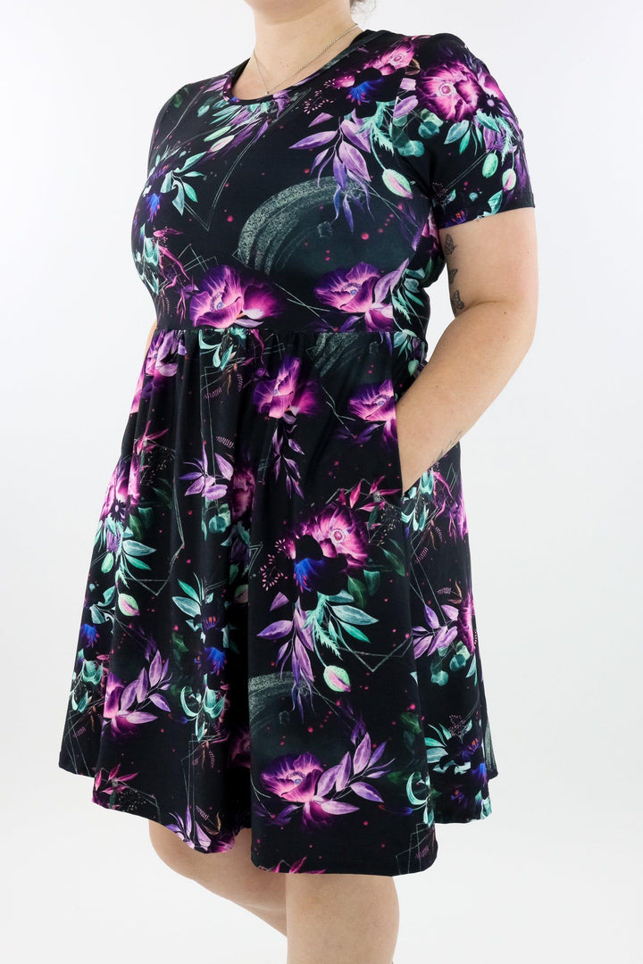 Evanescent Flower - Short Sleeve Skater Dress - Knee Length - Side Pockets Knee Length Skater Dress Pawlie   