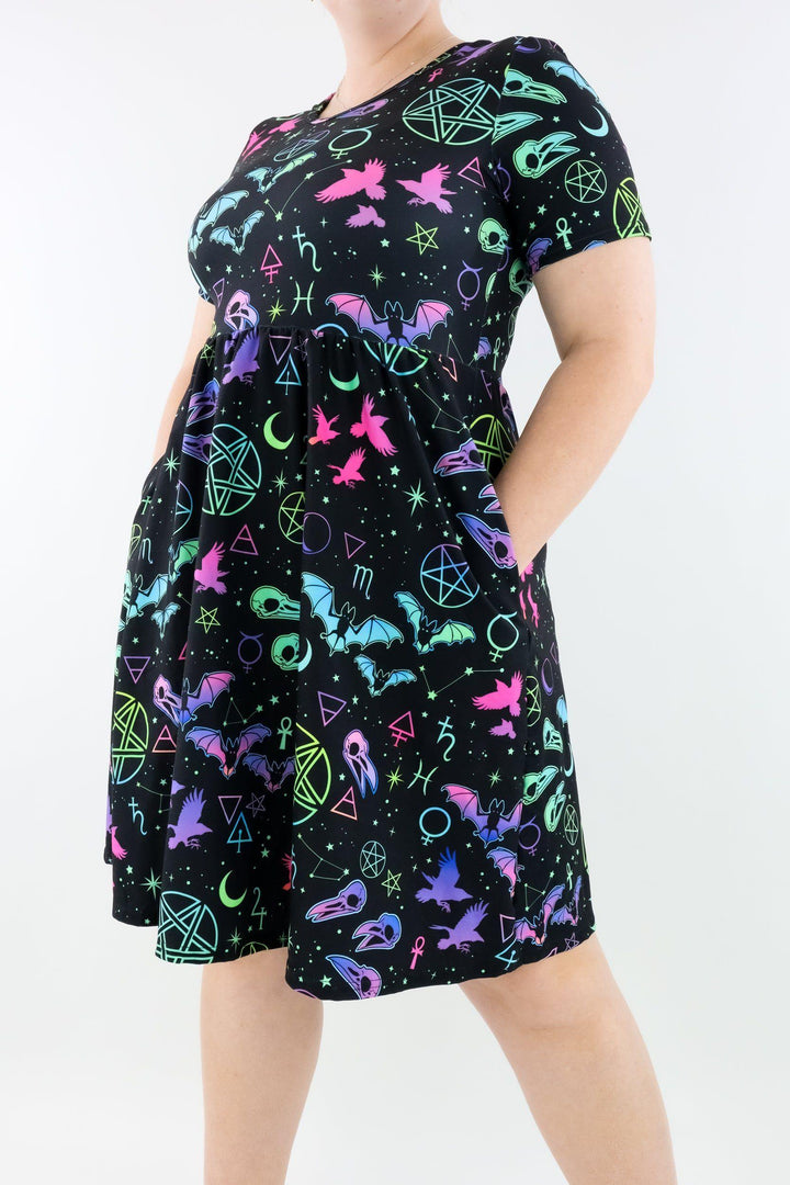 Witch Craft - Short Sleeve Skater Dress - Knee Length - Side Pockets Knee Length Skater Dress Pawlie   