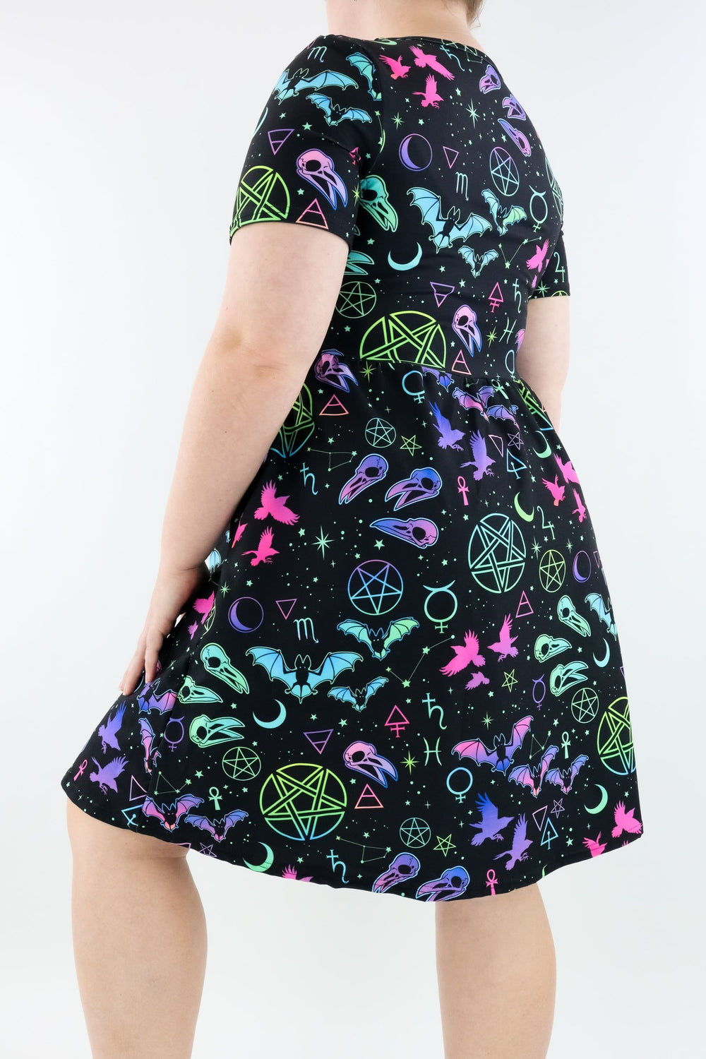 Witch Craft - Short Sleeve Skater Dress - Knee Length - Side Pockets Knee Length Skater Dress Pawlie   