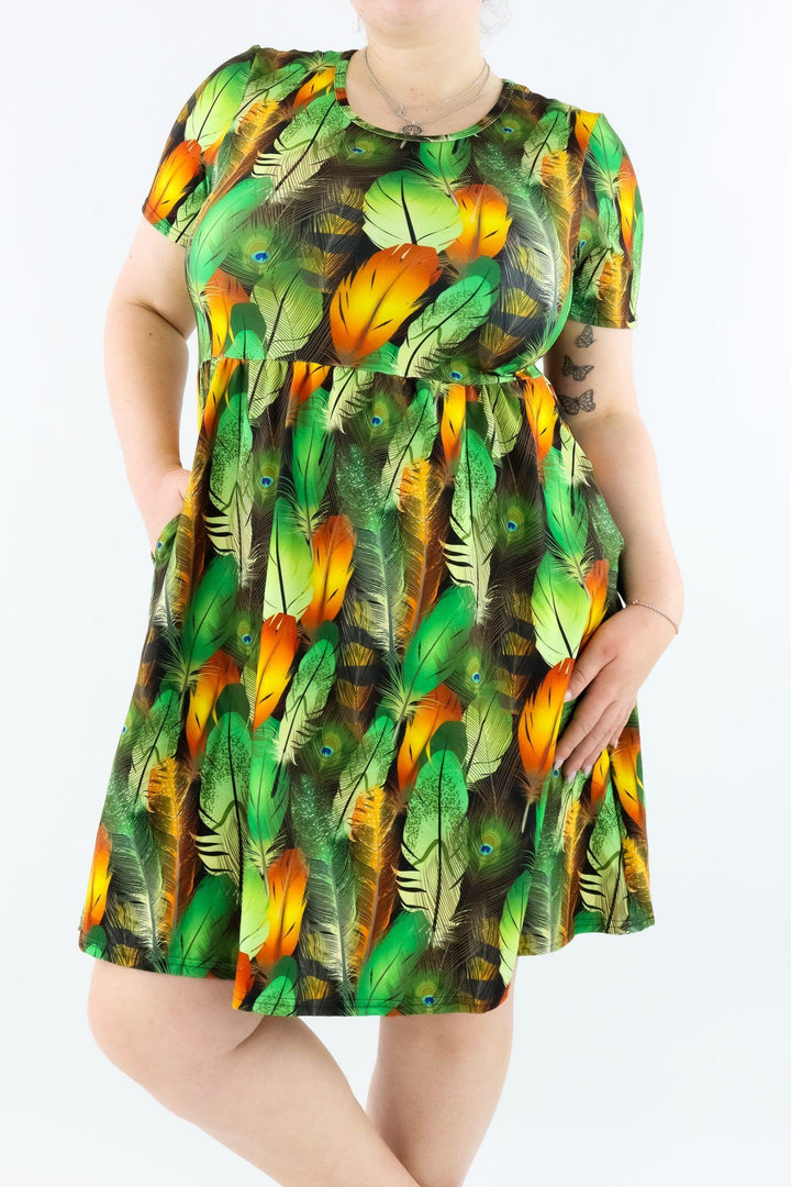 Forever Feather - Short Sleeve Skater Dress - Knee Length - Side Pockets - Pawlie