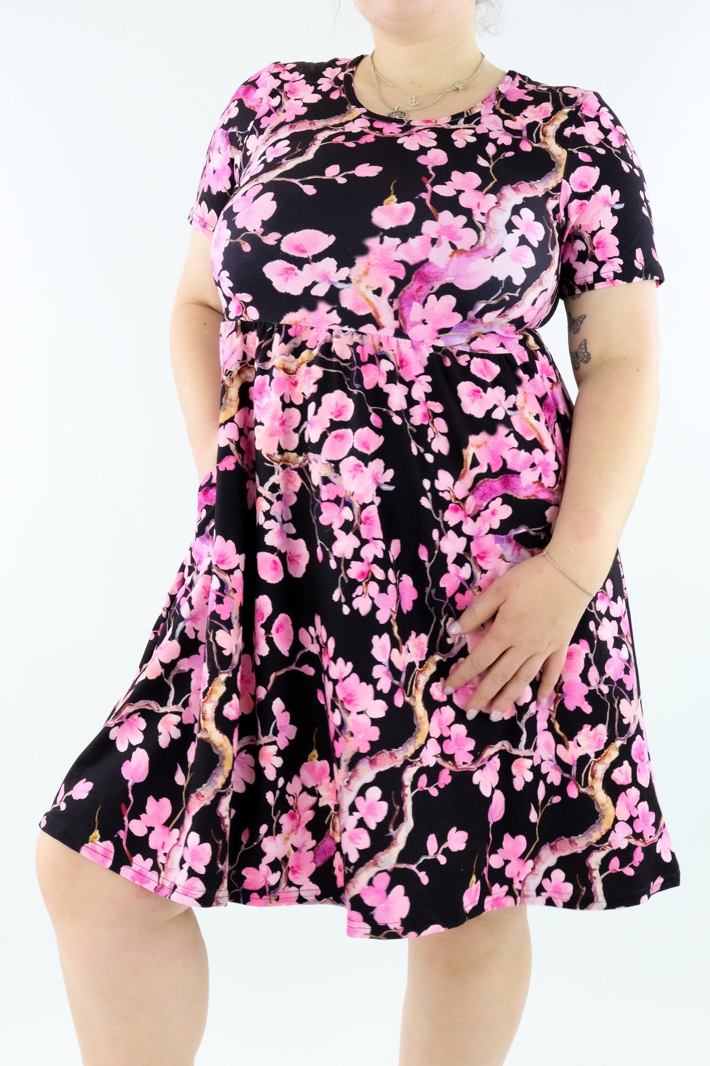Watercolour Cherry Blossom - Short Sleeve Skater Dress - Knee Length - Side Pockets - Pawlie