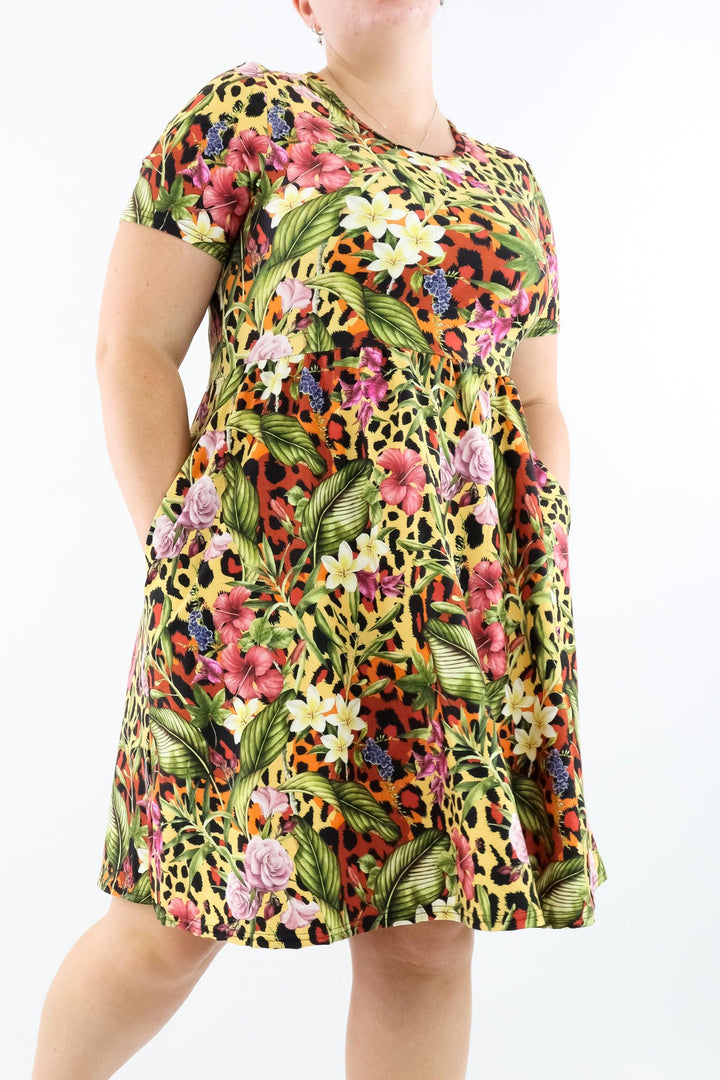 Leopard Oasis - Short Sleeve Skater Dress - Knee Length - Side Pockets - Pawlie