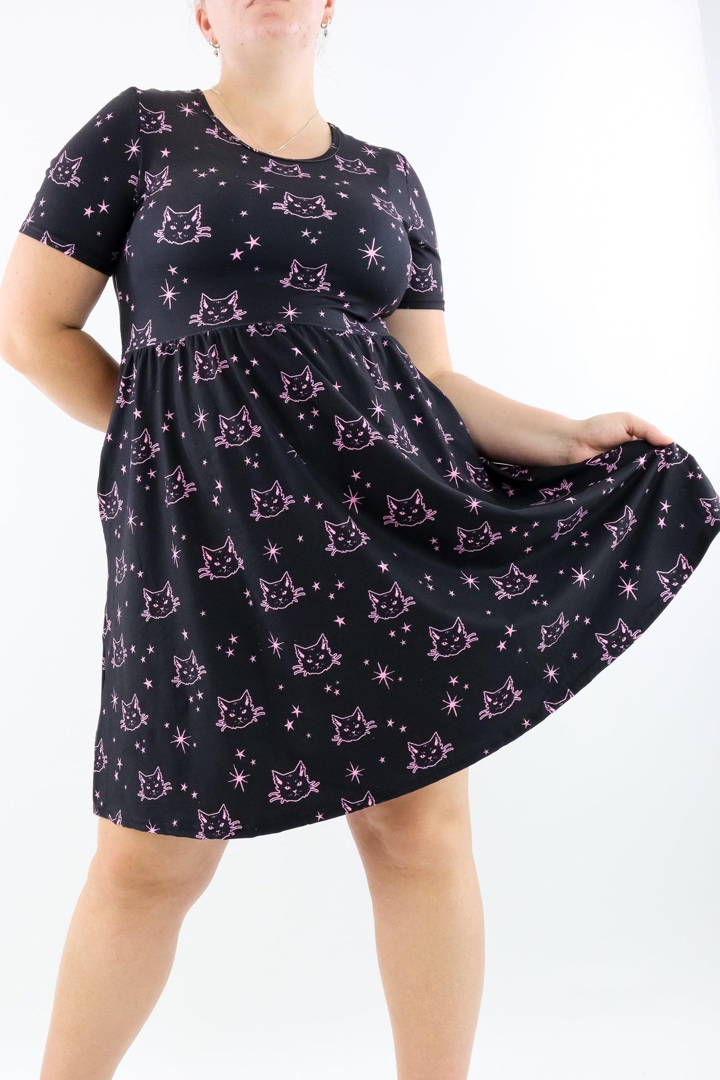 Pink Cat - Short Sleeve Skater Dress - Knee Length - Side Pockets - Pawlie