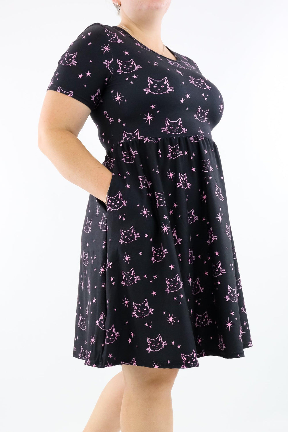 Pink Cat - Short Sleeve Skater Dress - Knee Length - Side Pockets - Pawlie