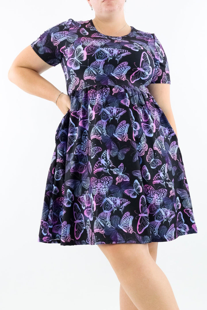 Butterfly Beauty - Short Sleeve Skater Dress - Knee Length - Side Pockets - Pawlie