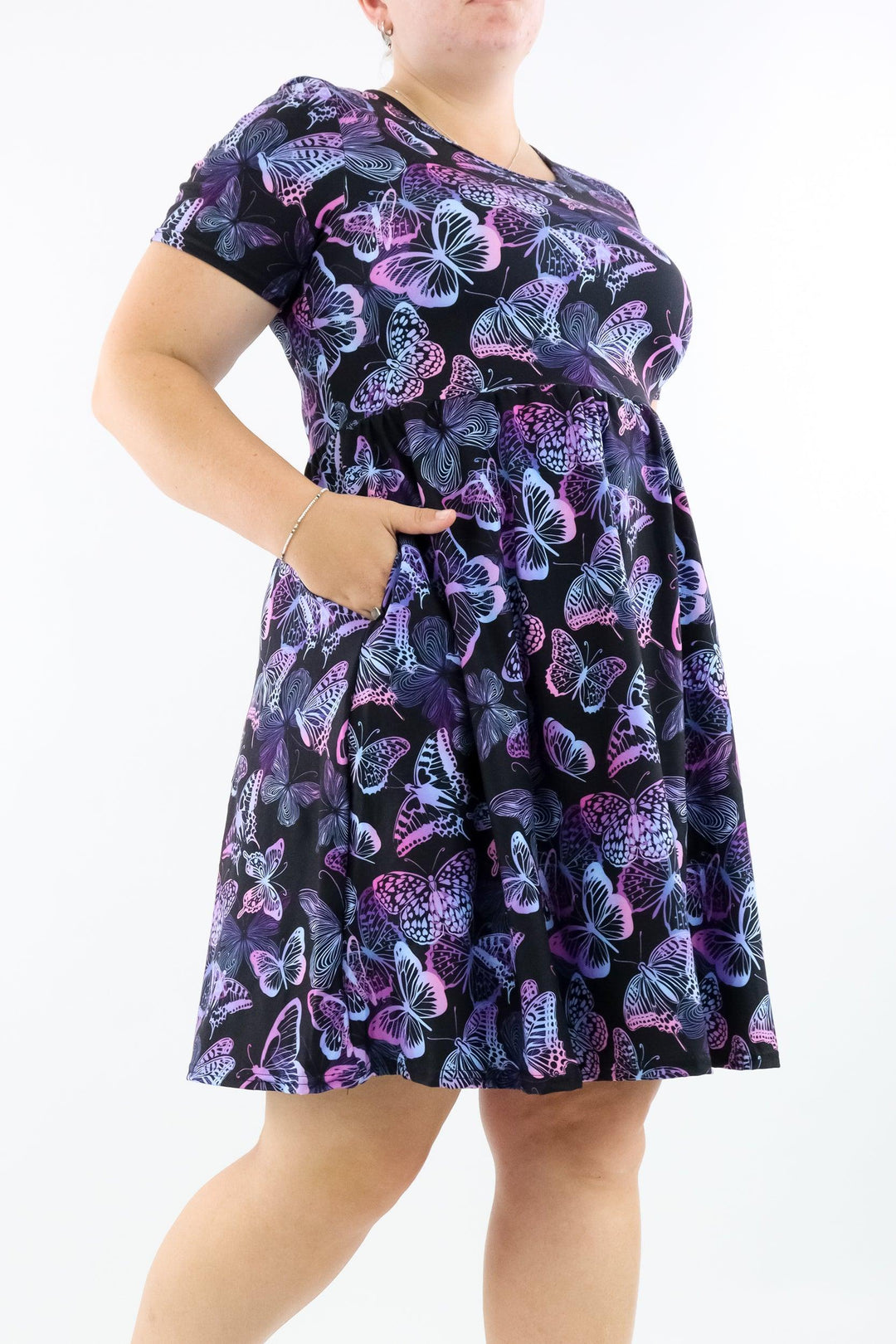 Butterfly Beauty - Short Sleeve Skater Dress - Knee Length - Side Pockets - Pawlie