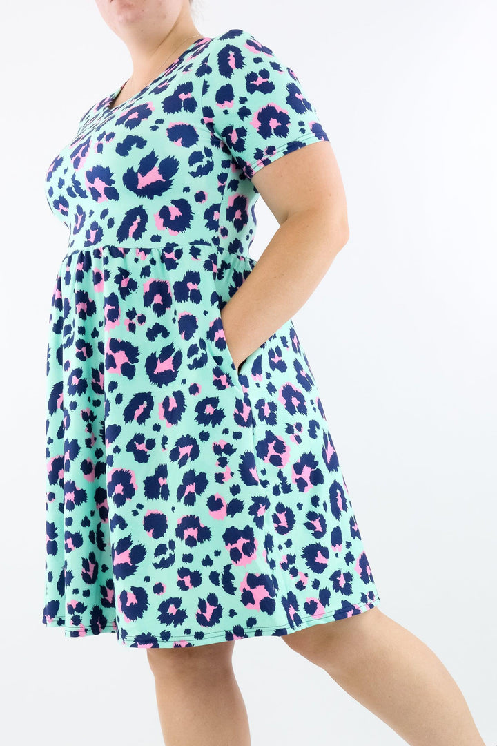 Minty Leopard - Short Sleeve Skater Dress - Knee Length - Side Pockets - Pawlie