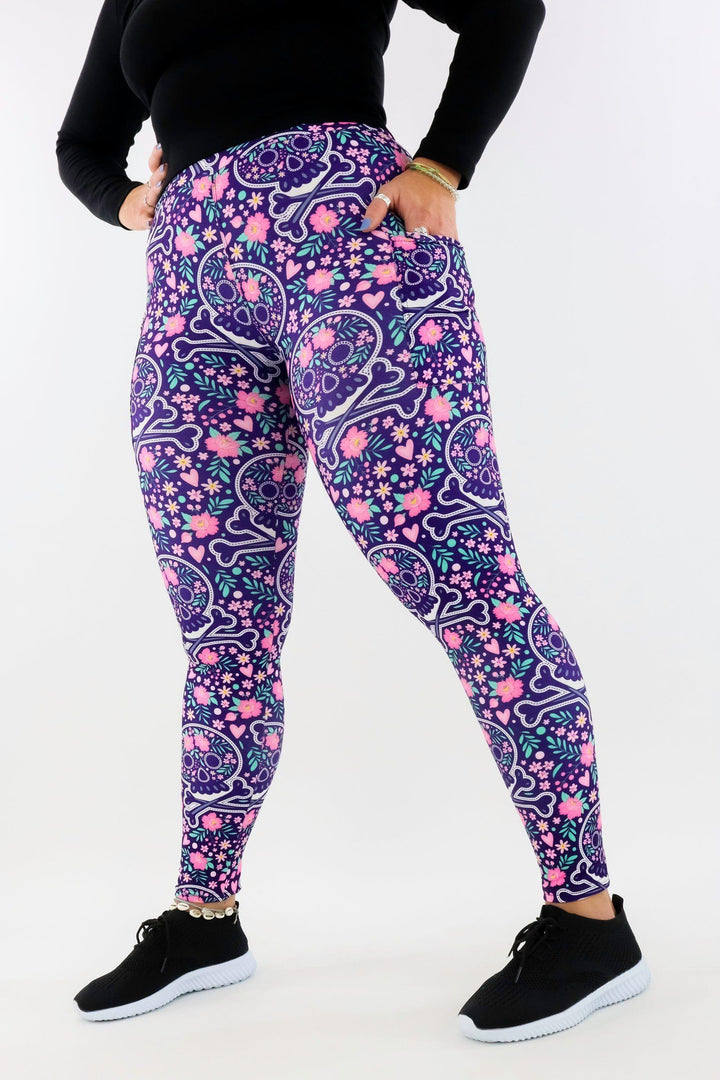 Blooming Skull - Casual - Regular Full Leggings - Pockets Casual Full Leggings - Pockets Pawlie   
