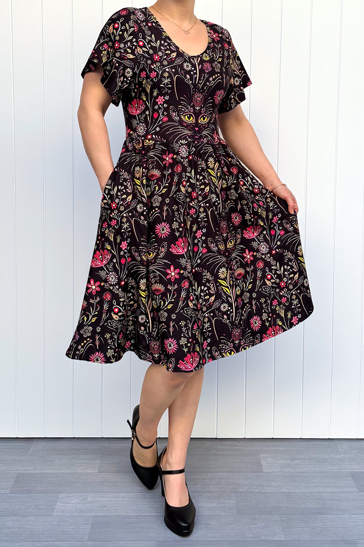Whiskers and Wildflowers - Knee Length Dress - Flutter Sleeve - Pockets