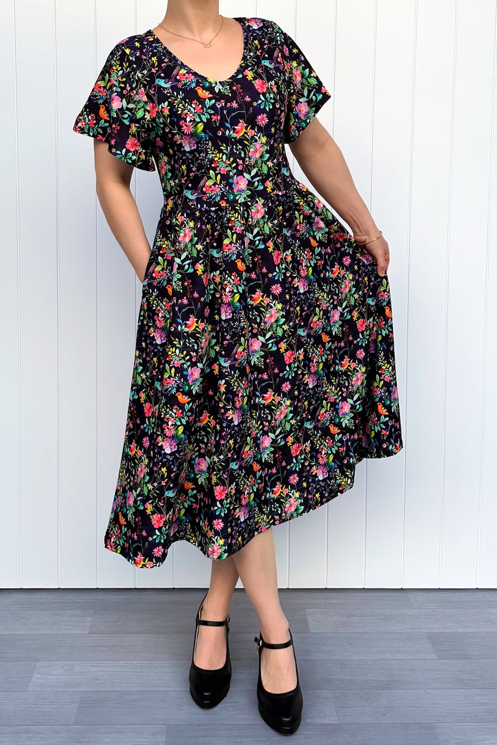 Birds and Blooms - Midi Dress - Flutter Sleeve - Pockets