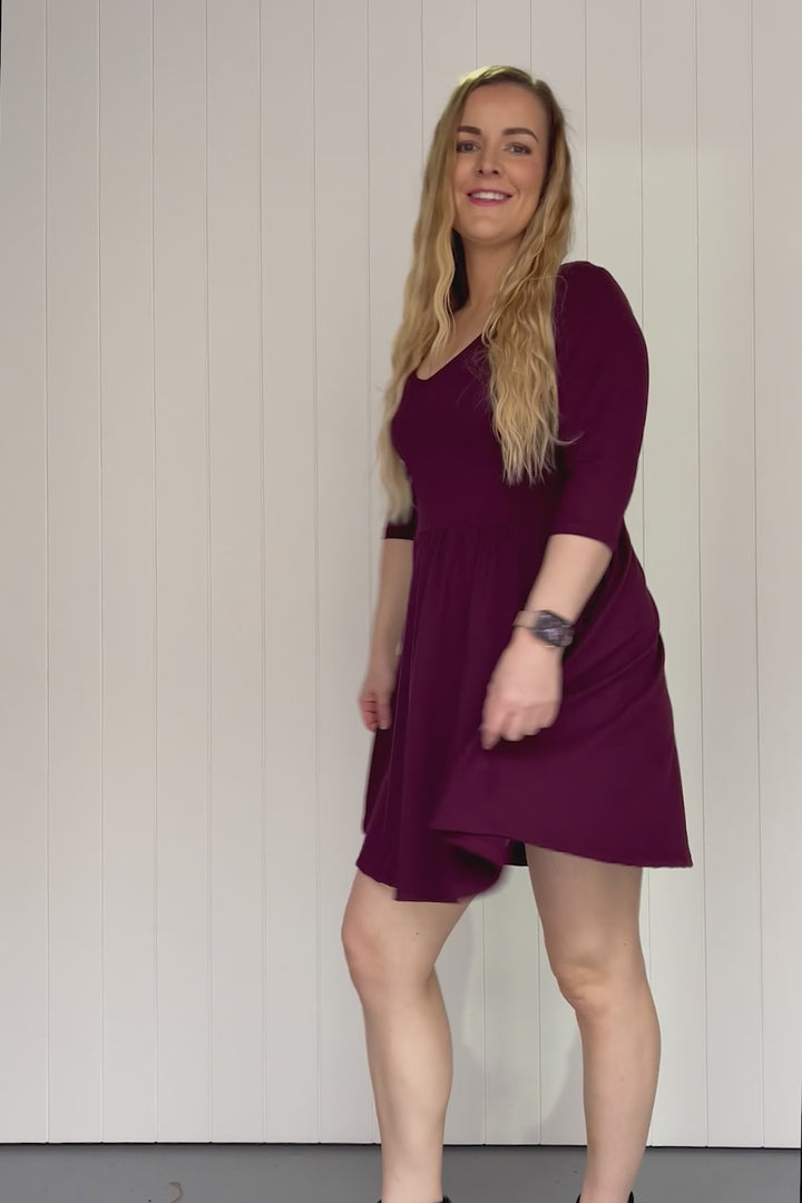 Plum - 3/4 Sleeve - Mini Dress - Pockets