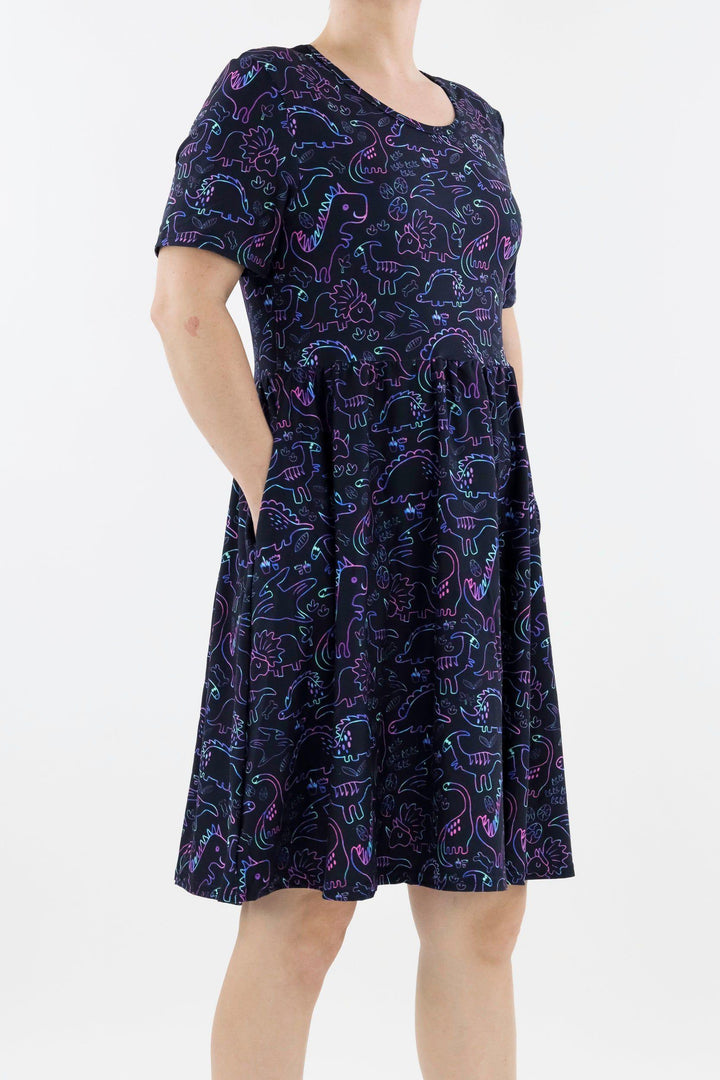 Dinosaur Party - Short Sleeve Skater Dress - Knee Length - Side Pockets Knee Length Skater Dress Pawlie   
