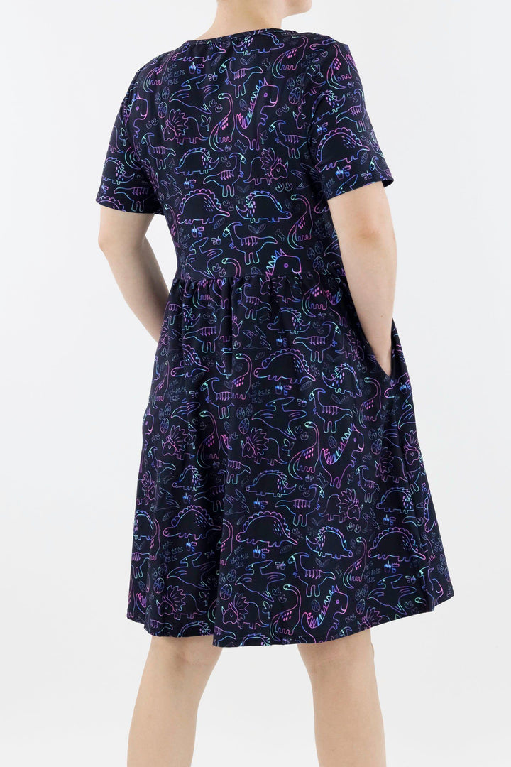 Dinosaur Party - Short Sleeve Skater Dress - Knee Length - Side Pockets Knee Length Skater Dress Pawlie   