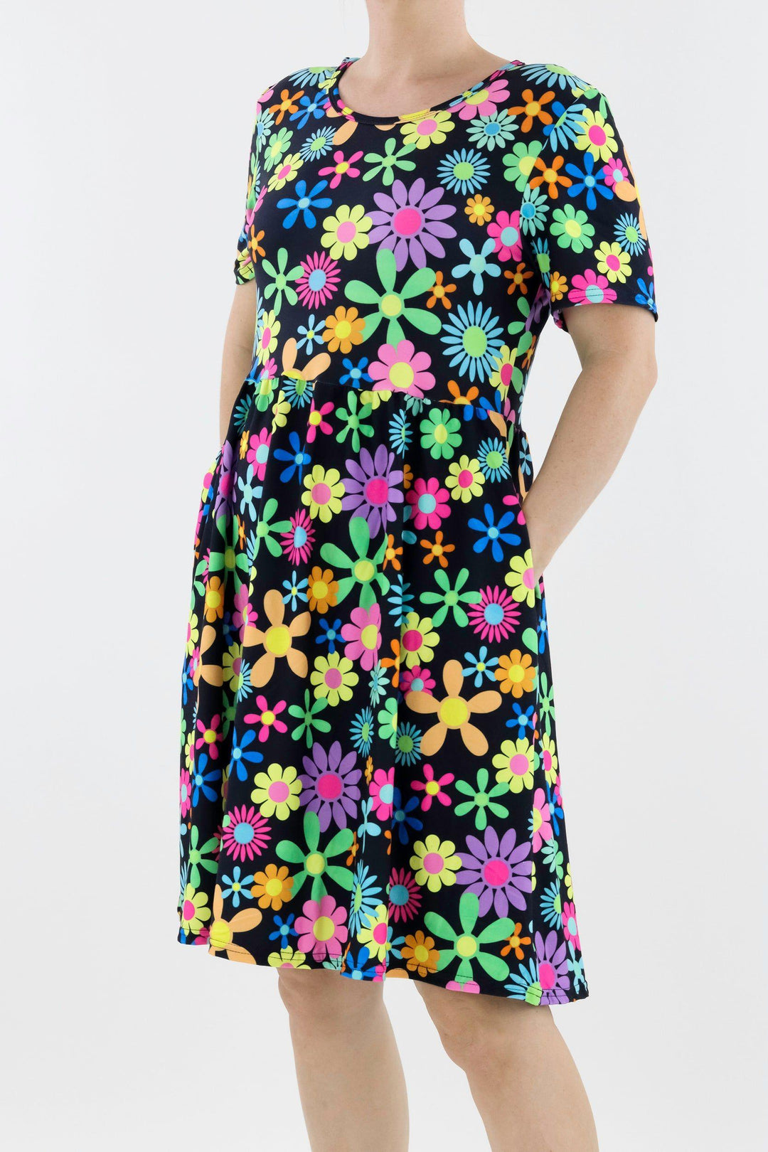 Flower Power - Short Sleeve Skater Dress - Knee Length - Side Pockets Knee Length Skater Dress Pawlie   