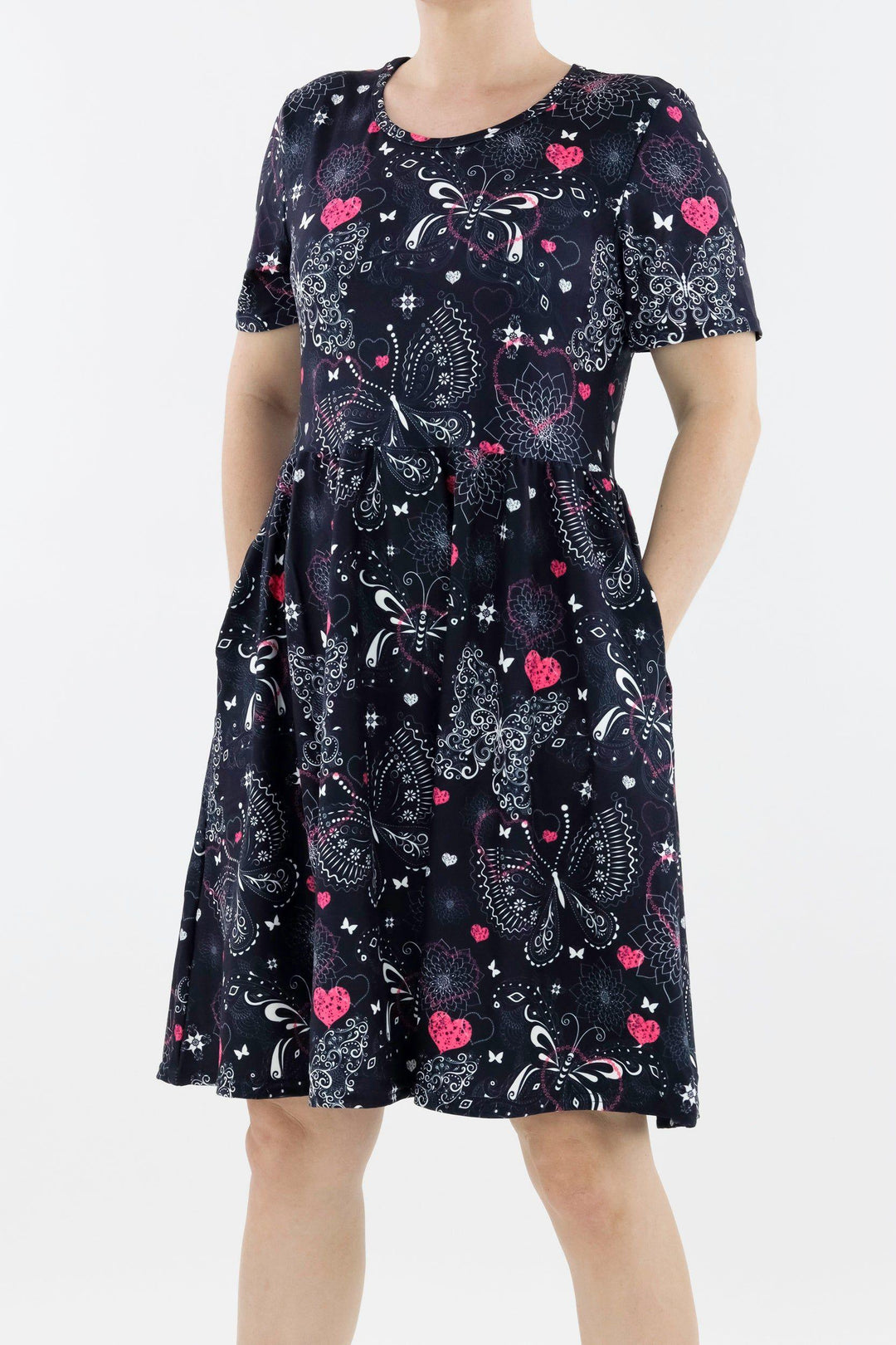 Butterfly Love - Short Sleeve Skater Dress - Knee Length - Side Pockets Knee Length Skater Dress Pawlie   