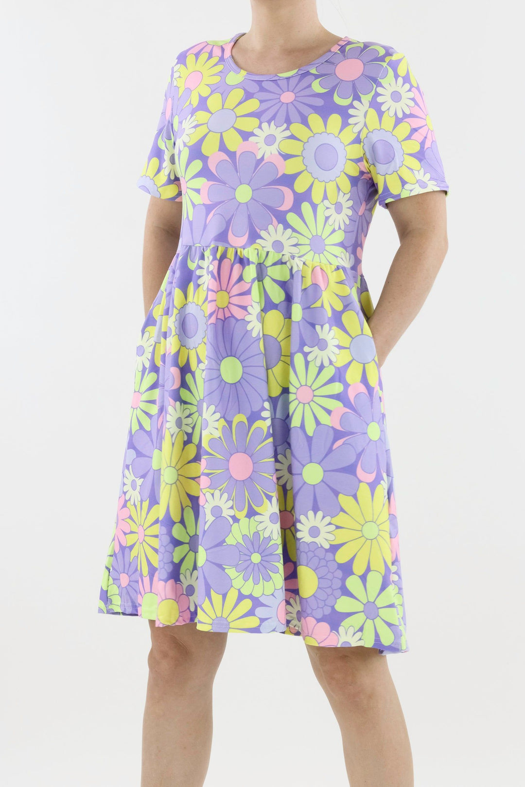 Candy Flower - Short Sleeve Skater Dress - Knee Length - Side Pockets Knee Length Skater Dress Pawlie   