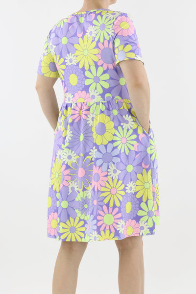 Candy Flower - Short Sleeve Skater Dress - Knee Length - Side Pockets Knee Length Skater Dress Pawlie   