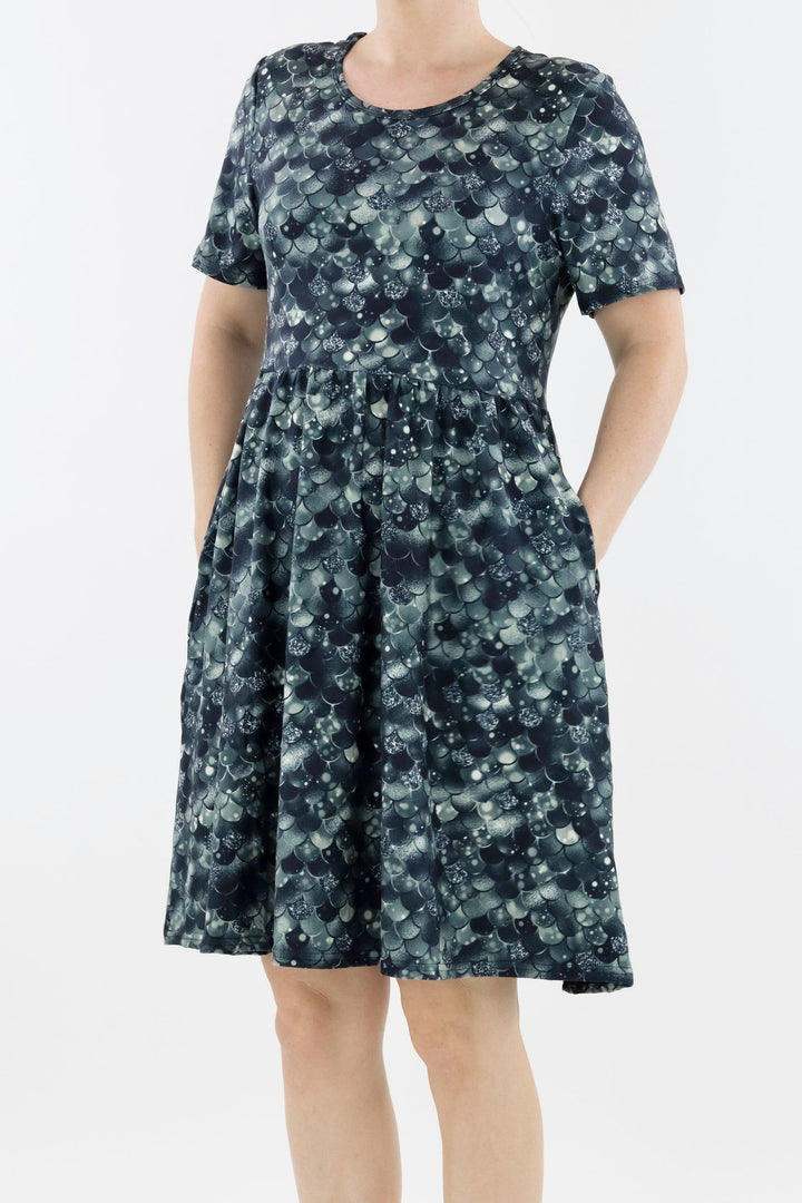 Raven Mermaid - Short Sleeve Skater Dress - Knee Length - Side Pockets Knee Length Skater Dress Pawlie   