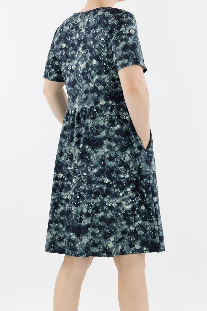 Raven Mermaid - Short Sleeve Skater Dress - Knee Length - Side Pockets Knee Length Skater Dress Pawlie   