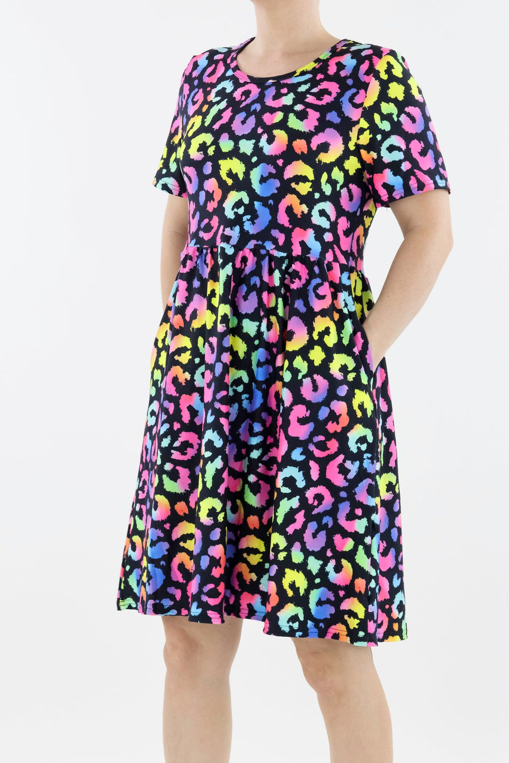 Radiant Leopard - Short Sleeve Skater Dress - Knee Length - Side Pockets Knee Length Skater Dress Pawlie   