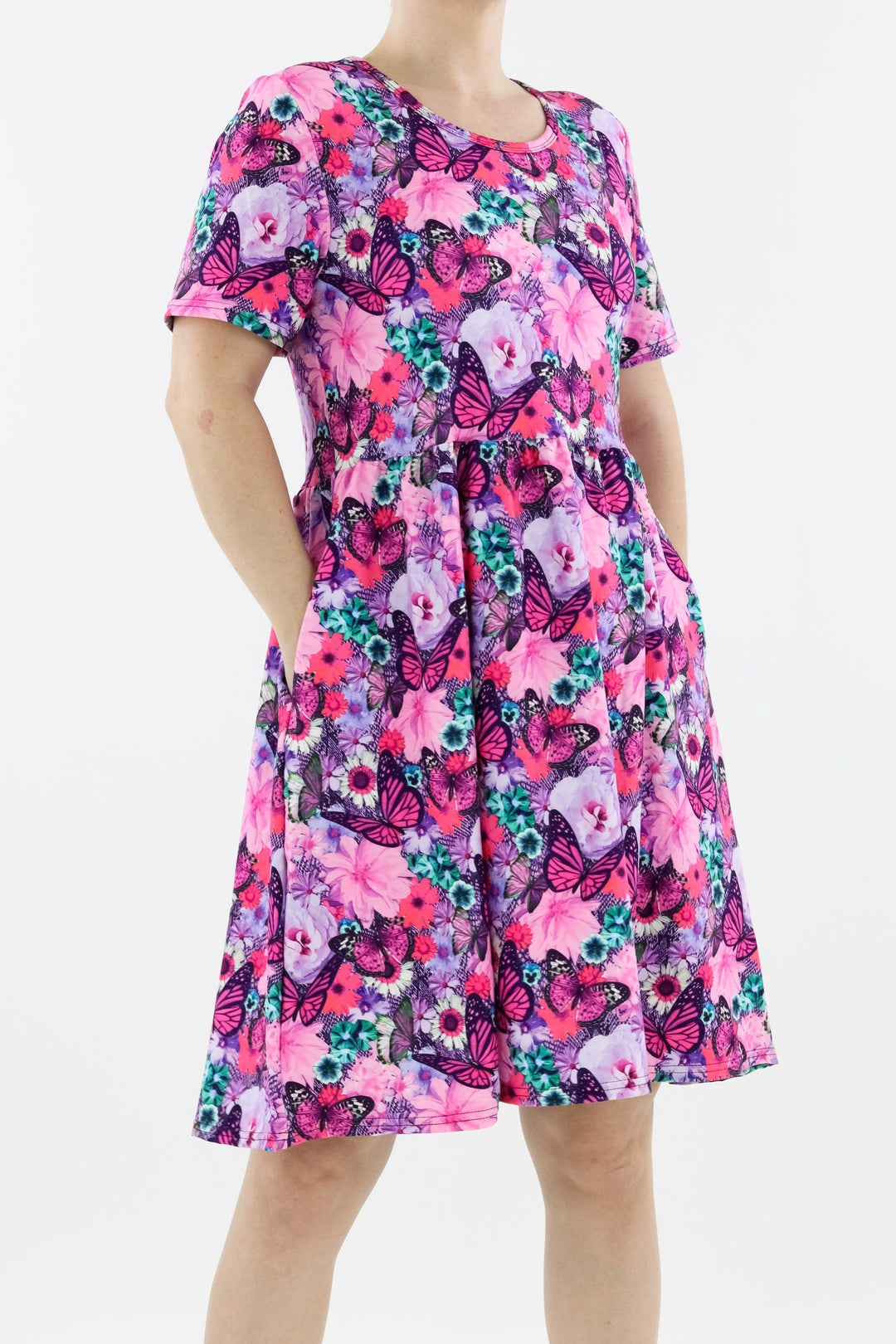 Florescence Butterfly - Short Sleeve Skater Dress - Knee Length - Side Pockets Knee Length Skater Dress Pawlie   